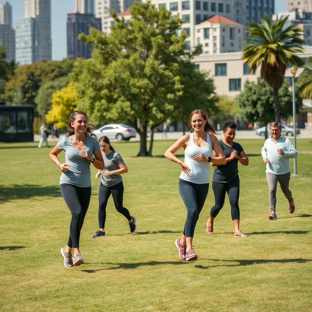 Diverse adults walking and stretching in a sunny park